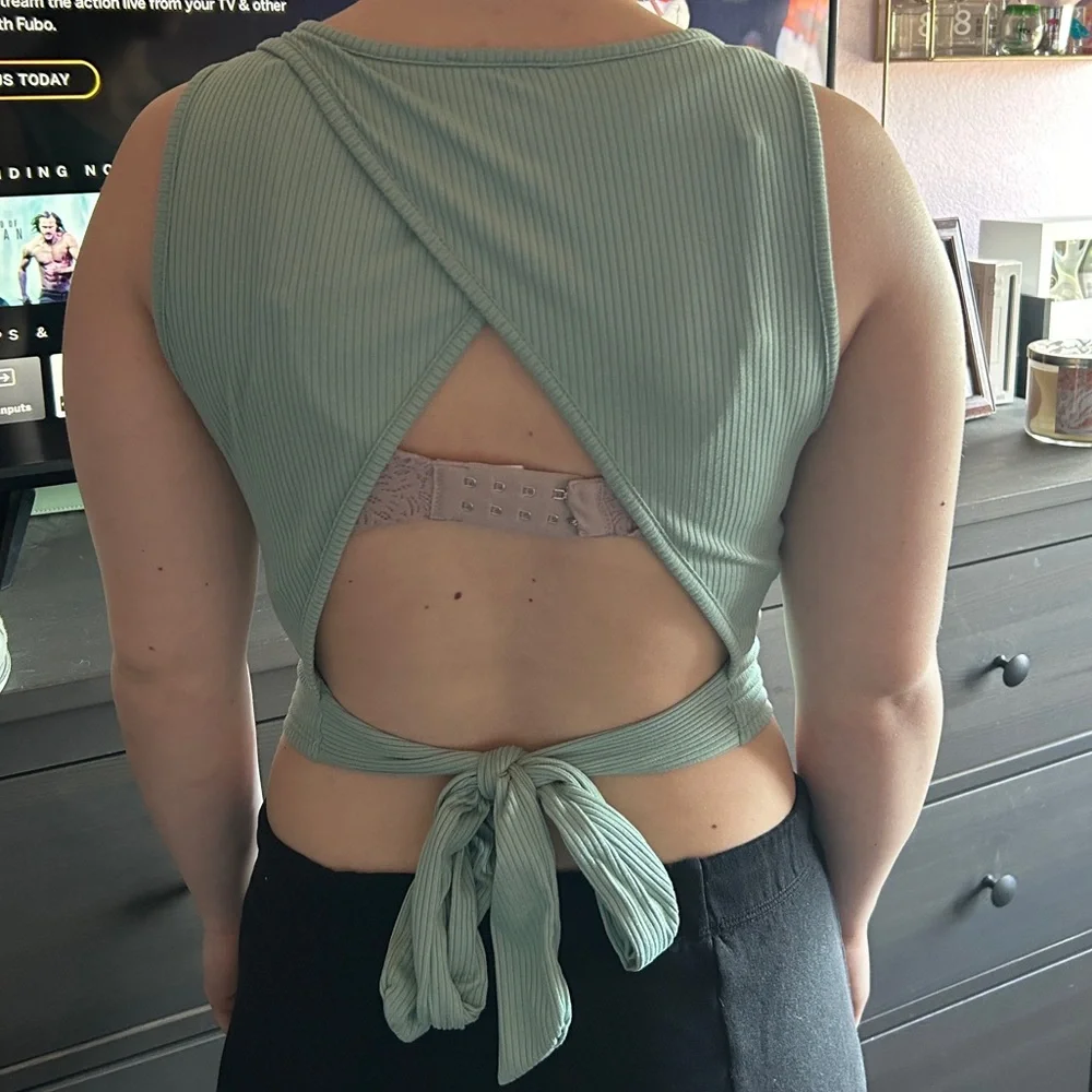 Sage Green Crop Top Tank with Open back with Tie - Picture 2 of 2
